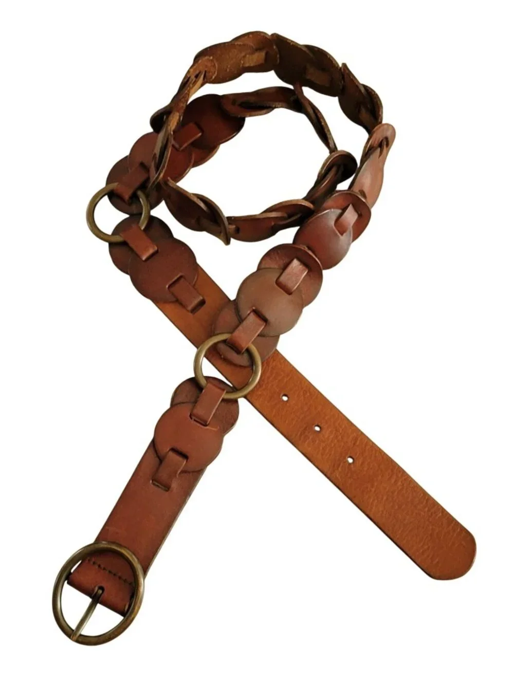 Vintage Fossil Genuine Leather Linked Disc Belt Brown 90s Y2K Boho Western